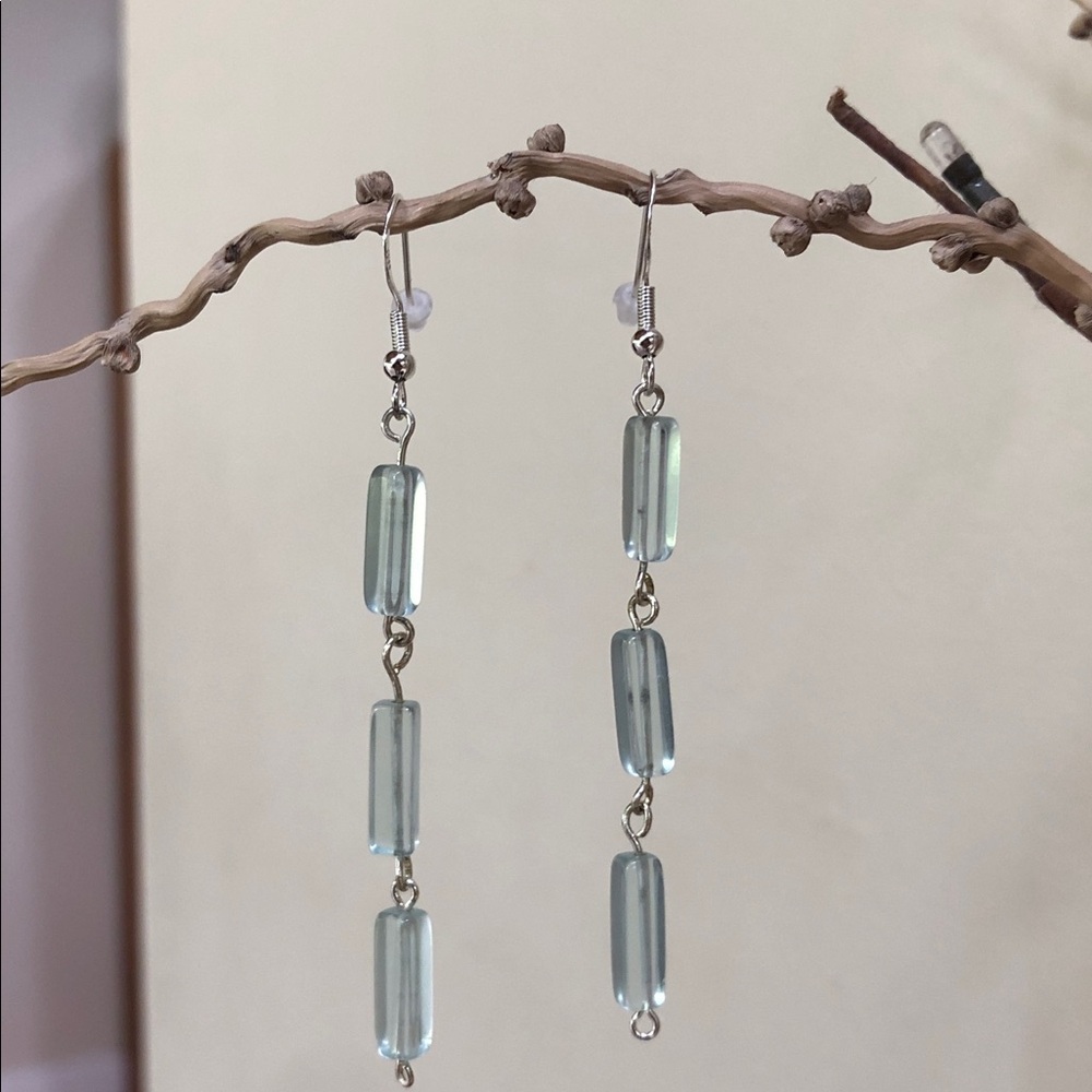 Hand Crafted Glacial Ice Blue 3 Tier Rectangular Prism Dangle Silver Earrings 3"